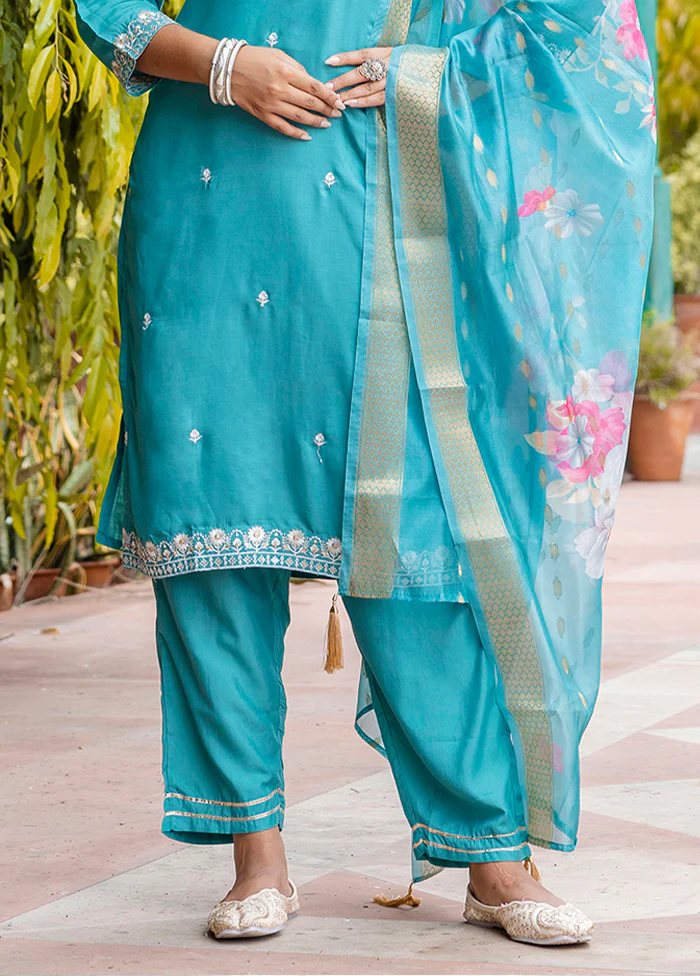 3 Pc Blue Readymade Viscose Dupatta Suit Set - Image 3