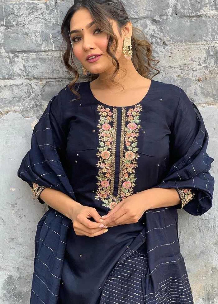 3 Pc Blue Readymade Viscose Dupatta Suit Set - Image 2