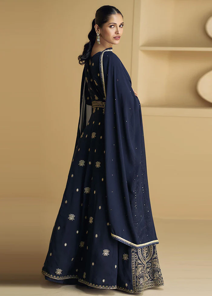 3 Pc Blue Semi Stitched Georgette Suit Set - Image 2