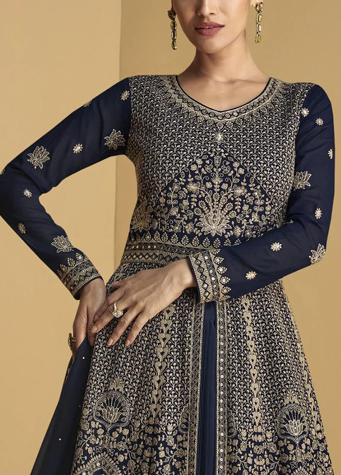 3 Pc Blue Semi Stitched Georgette Suit Set - Image 3