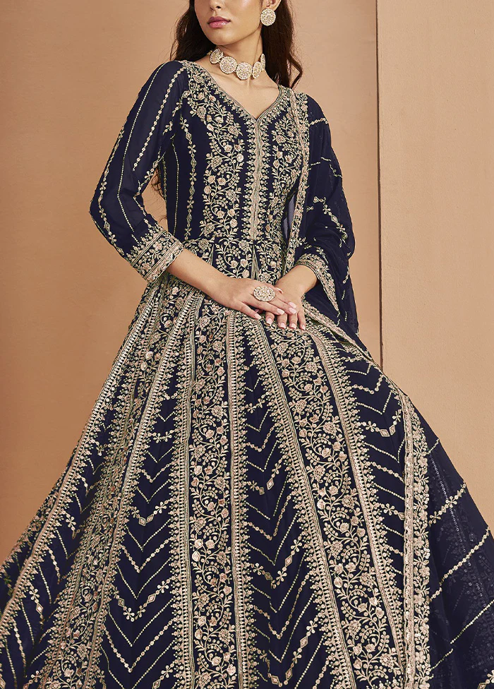 3 Pc Blue Semi Stitched Georgette Suit Set - Image 2