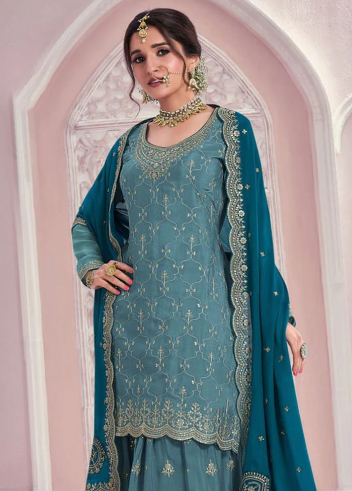 3 Pc Blue Semi Stitched Silk Dupatta Suit Set - Image 2