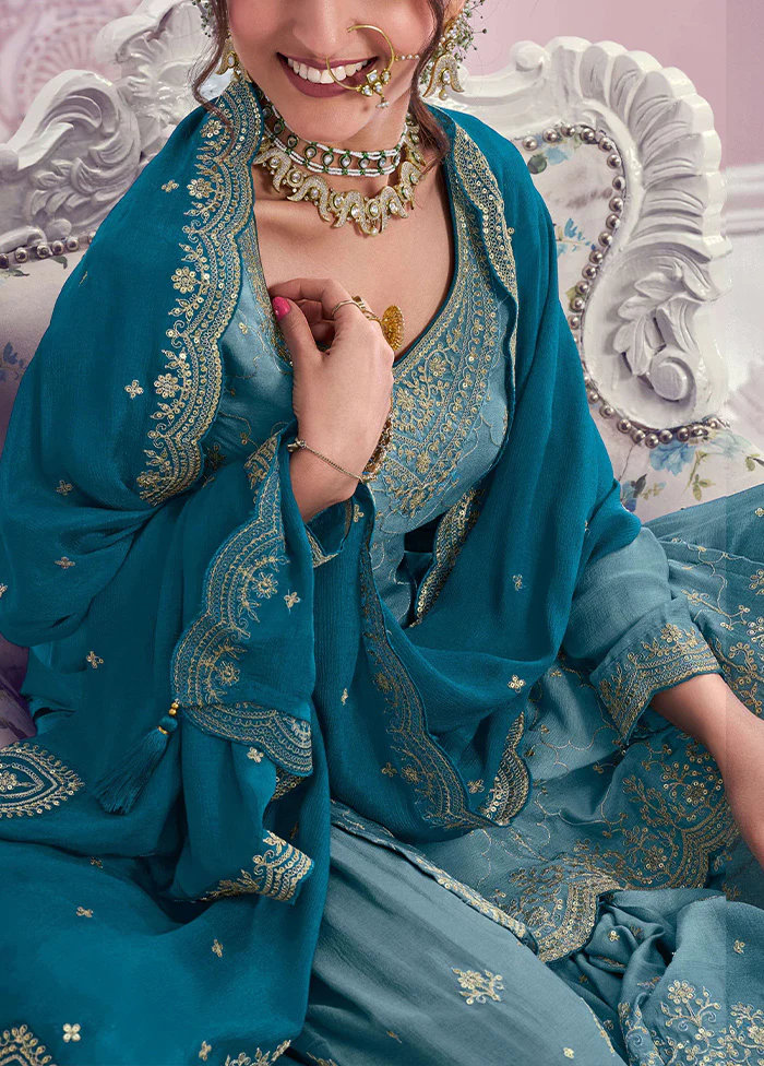 3 Pc Blue Semi Stitched Silk Dupatta Suit Set - Image 3
