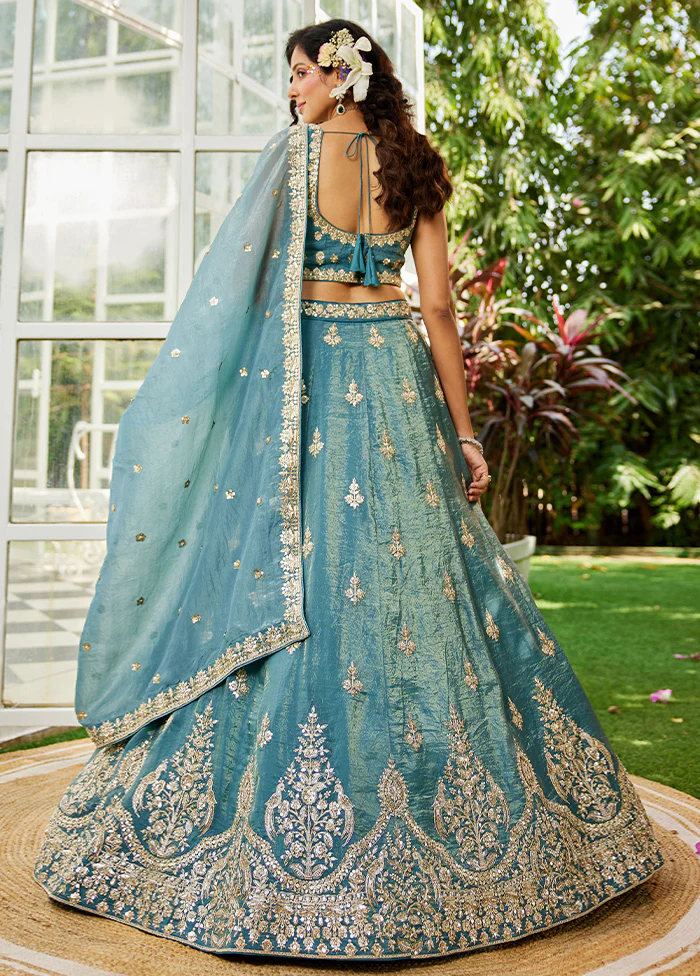 3 Pc Blue Silk Semi Stitched Lehenga Set - Image 2