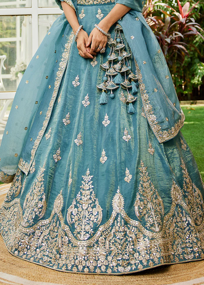 3 Pc Blue Silk Semi Stitched Lehenga Set - Image 3