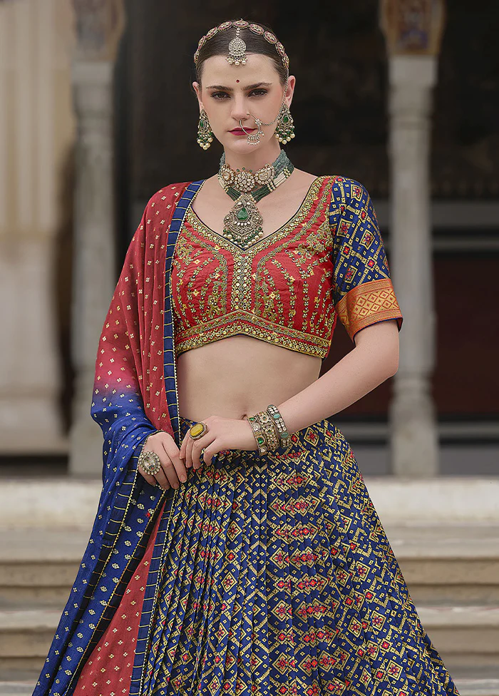 3 Pc Blue Silk Semi Stitched Lehenga Set - Image 2