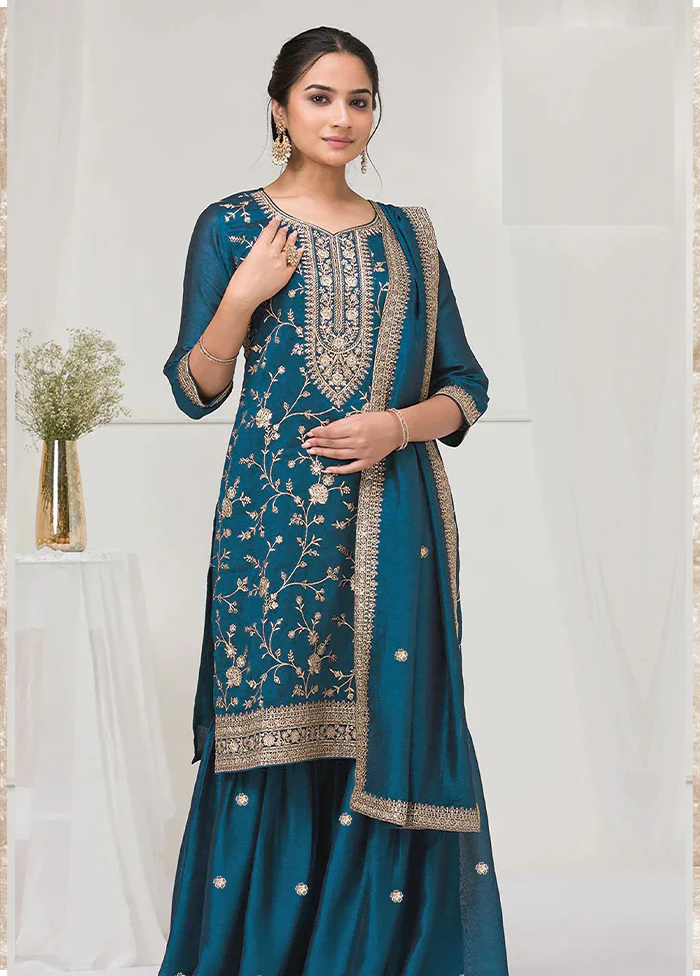 3 Pc Blue Silk Plazzo Suit Set