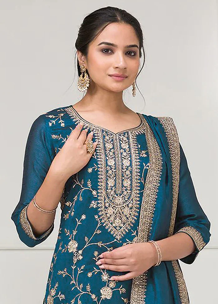 3 Pc Blue Silk Plazzo Suit Set - Image 2