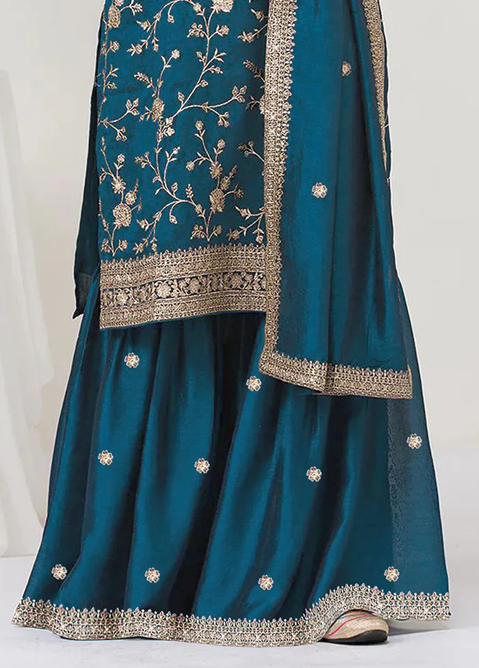 3 Pc Blue Silk Plazzo Suit Set - Image 3