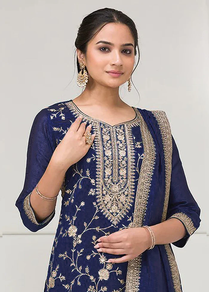 3 Pc Blue Silk Plazzo Suit Set - Image 2
