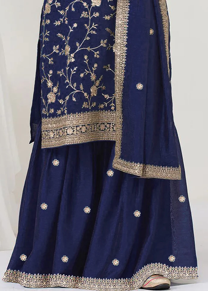 3 Pc Blue Silk Plazzo Suit Set - Image 3