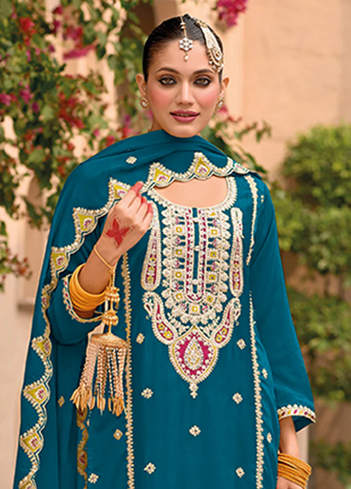 3 Pc Blue Silk Sharara Suit Set - Image 2