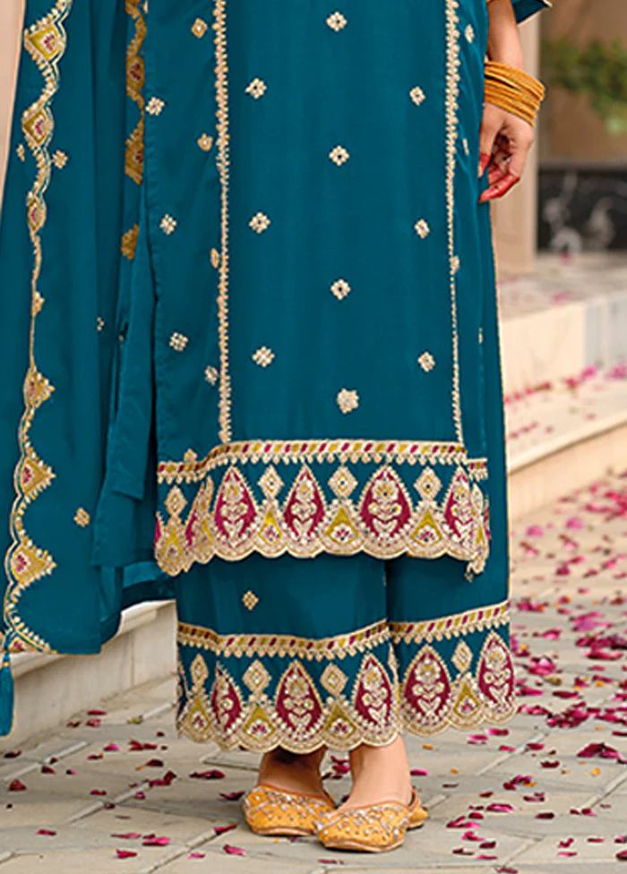3 Pc Blue Silk Sharara Suit Set - Image 3