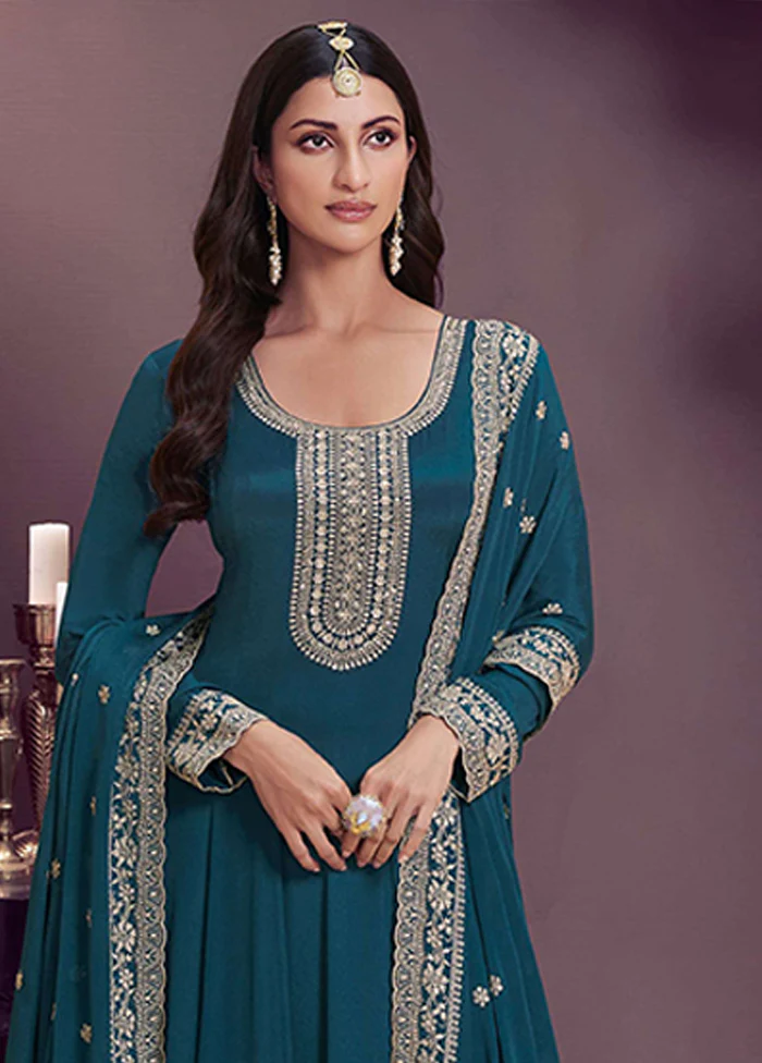 3 Pc Blue Silk Anarkali Suit Set - Image 2