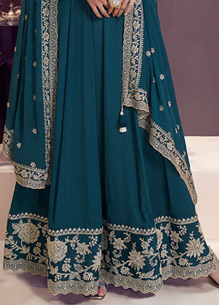 3 Pc Blue Silk Anarkali Suit Set - Image 3