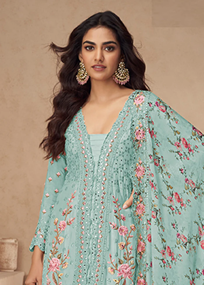 3 Pc Blue Silk Plazzo Suits Set - Image 2