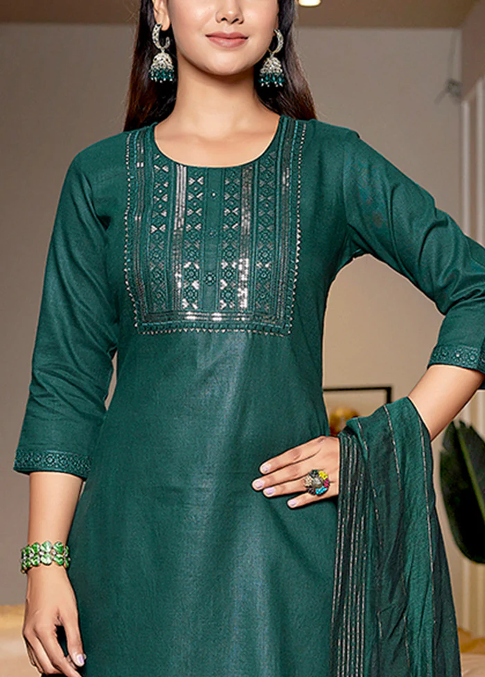 3 Pc Bottle Green Readymade Cotton Suit Set - Image 2