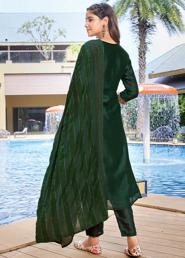 3 Pc Bottle Green Readymade Silk Dupatta Suit Set - Image 2