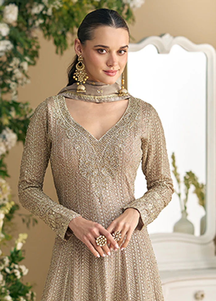 3 Pc Brown Georgette Palazzo Suit Set - Image 2