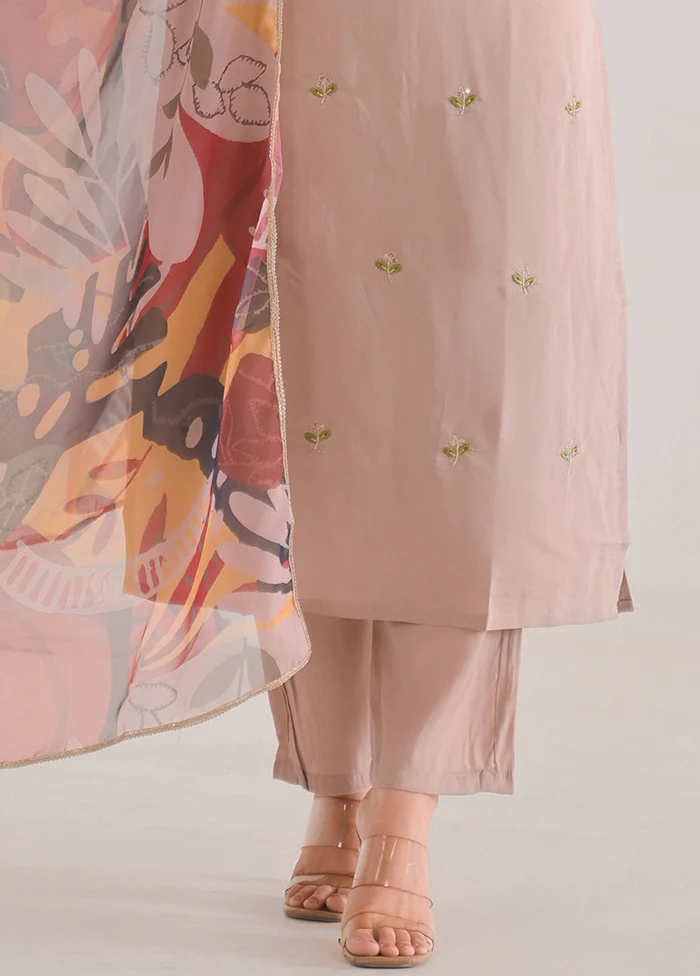 3 Pc Brown Readymade Chanderi Dupatta Suit Set - Image 3