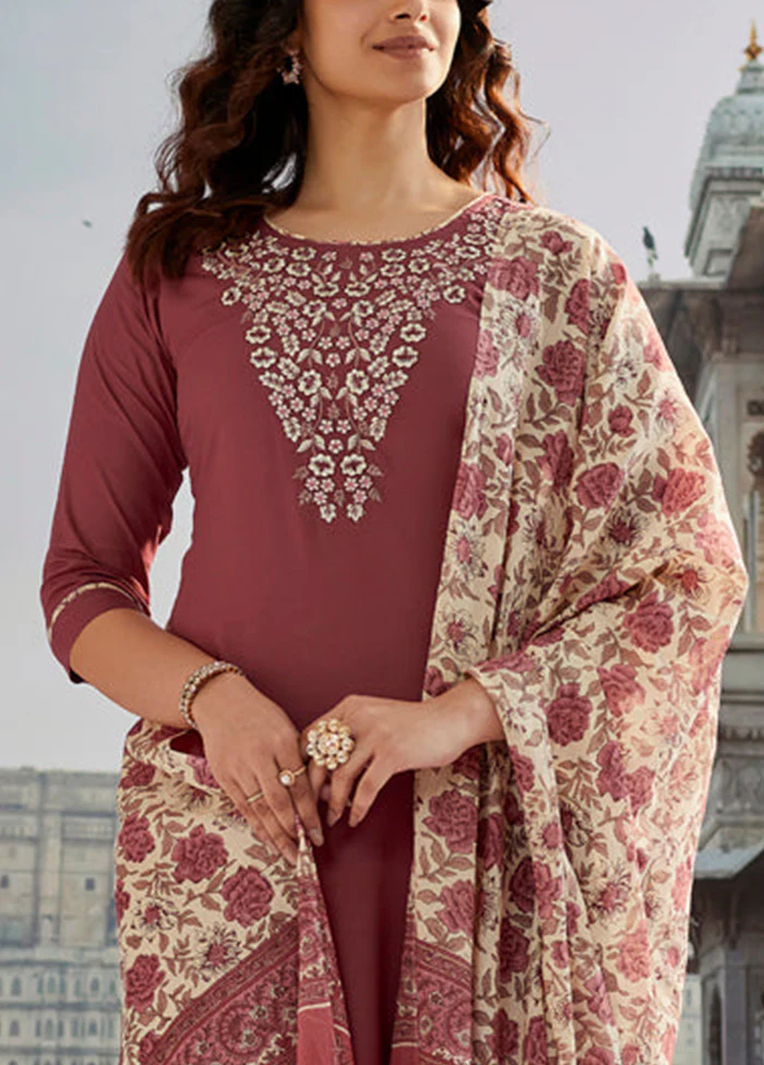 3 Pc Brown Readymade Cotton Dupatta Suit Set - Image 3