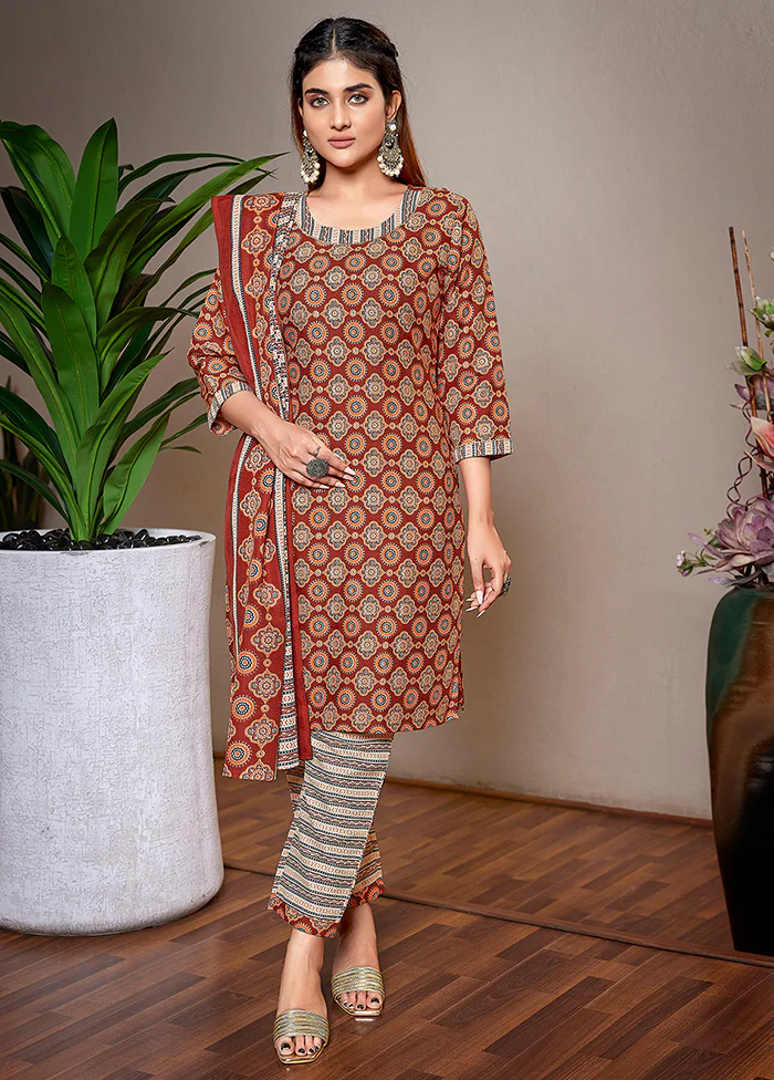 3 Pc Brown Readymade Cotton Suit Set