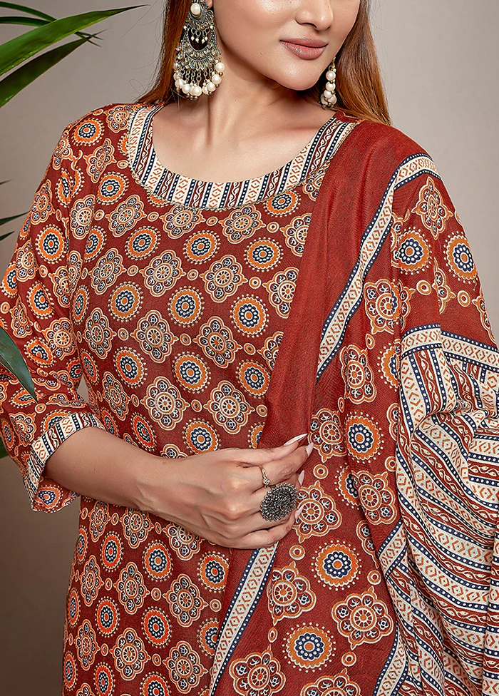 3 Pc Brown Readymade Cotton Suit Set - Image 3