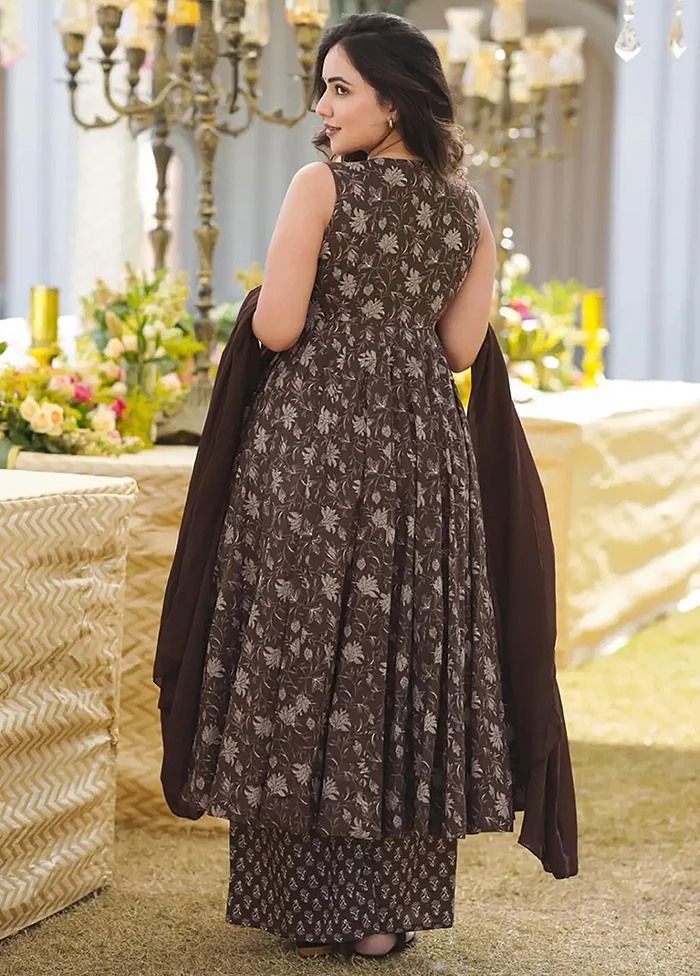 3 Pc Brown Readymade Silk Dupatta Suit Set - Image 3
