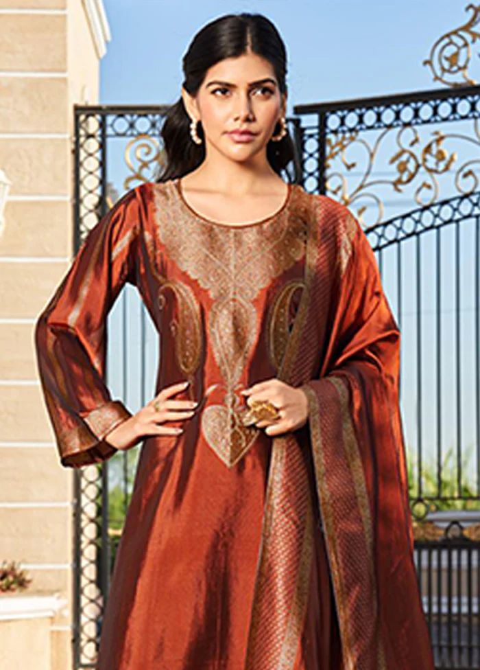 3 Pc Brown Silk Suit Set - Image 2