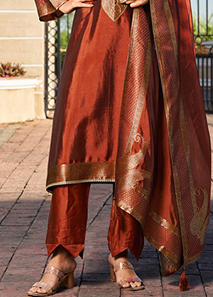 3 Pc Brown Silk Suit Set - Image 3