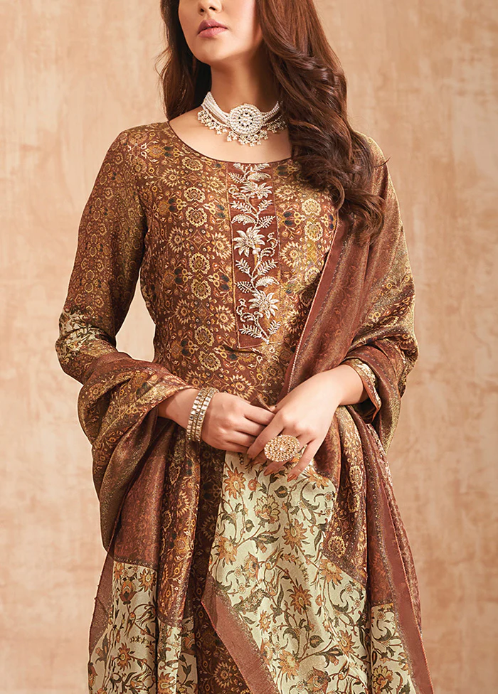 3 Pc Brown Unstitched Pure Silk Suit Set - Image 3