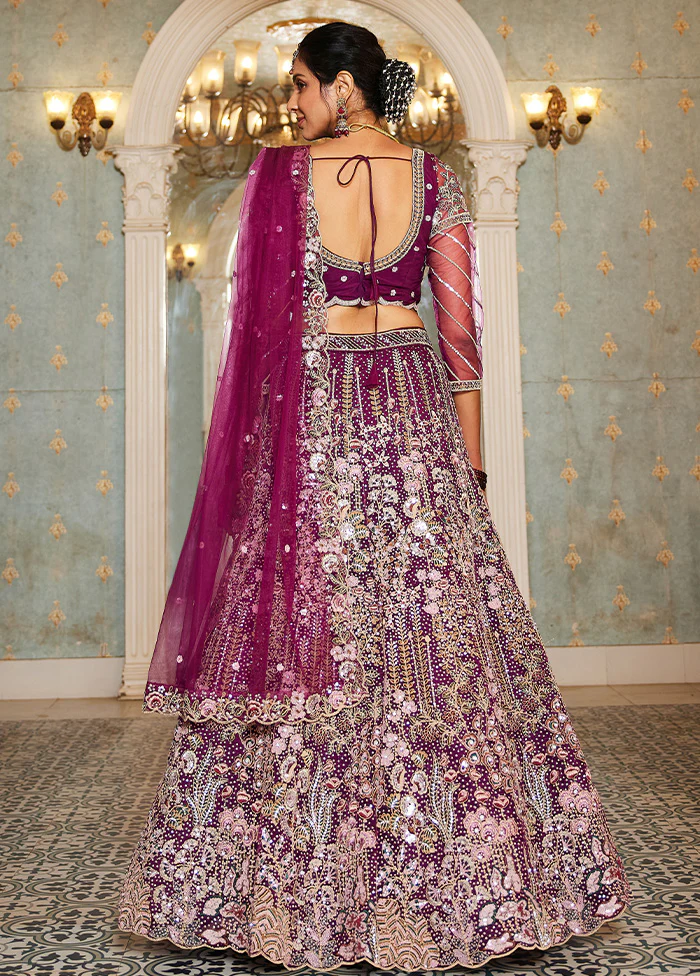3 Pc Burgundy Net Semi Stitched Lehenga Set - Image 2