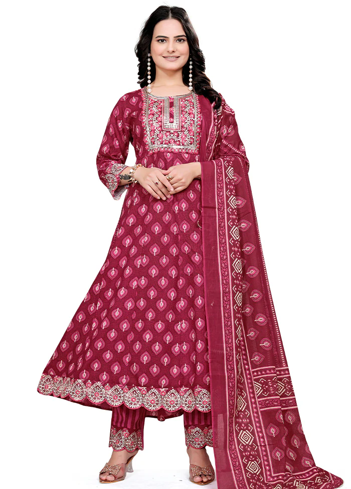 3 Pc Burgundy Readymade Cotton Dupatta Suit Set