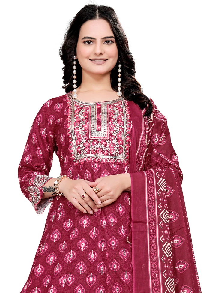 3 Pc Burgundy Readymade Cotton Dupatta Suit Set - Image 2