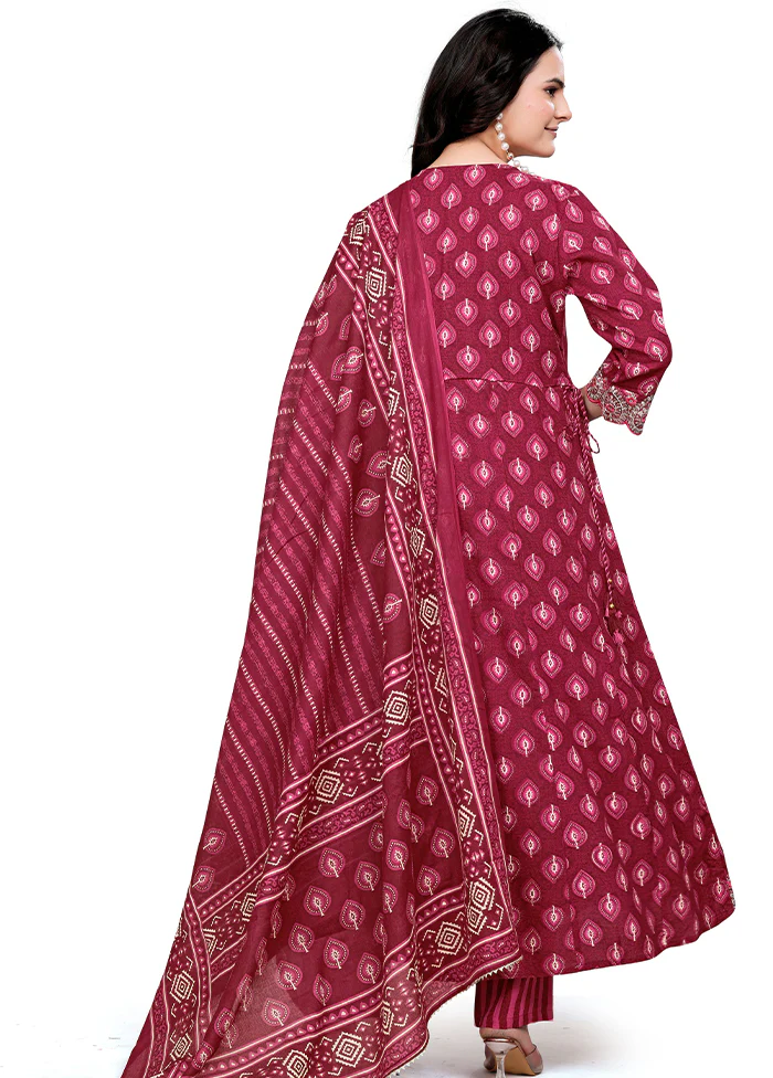 3 Pc Burgundy Readymade Cotton Dupatta Suit Set - Image 3
