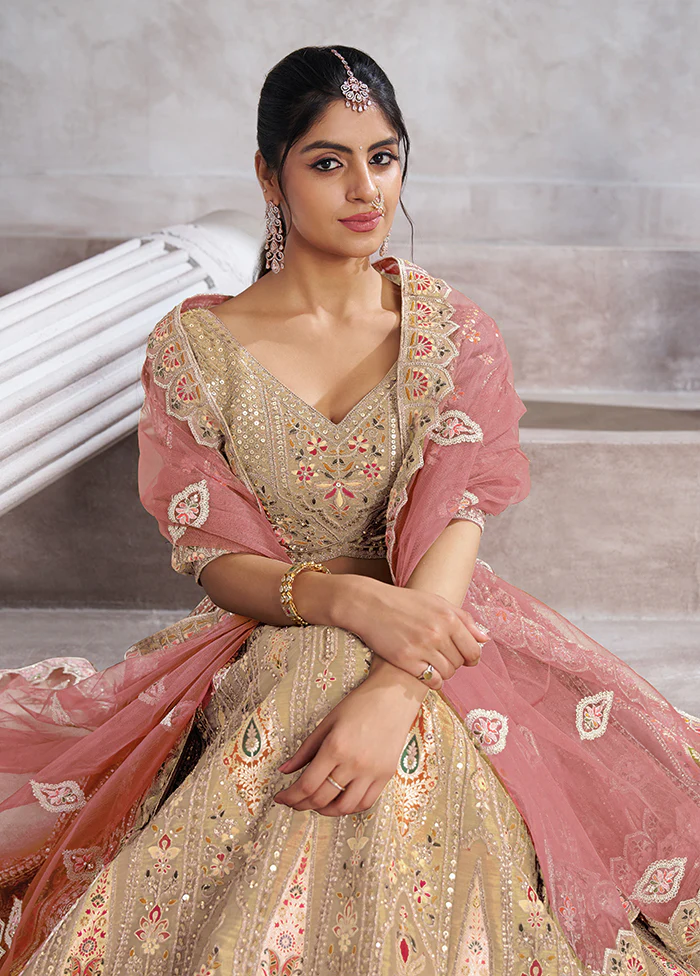 3 Pc Chiku Silk Semi Stitched Lehenga Set - Image 2