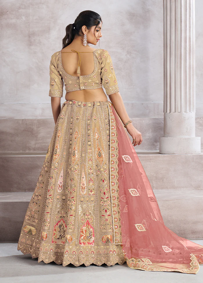 3 Pc Chiku Silk Semi Stitched Lehenga Set - Image 3
