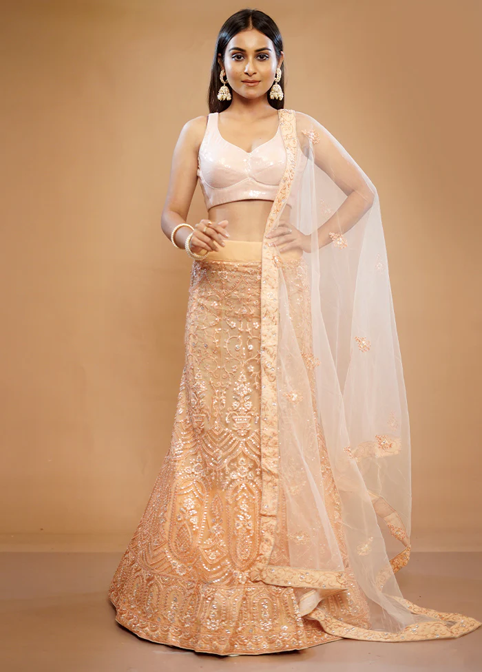 3 Pc Cream Georgette Semi Stitched Lehenga Set