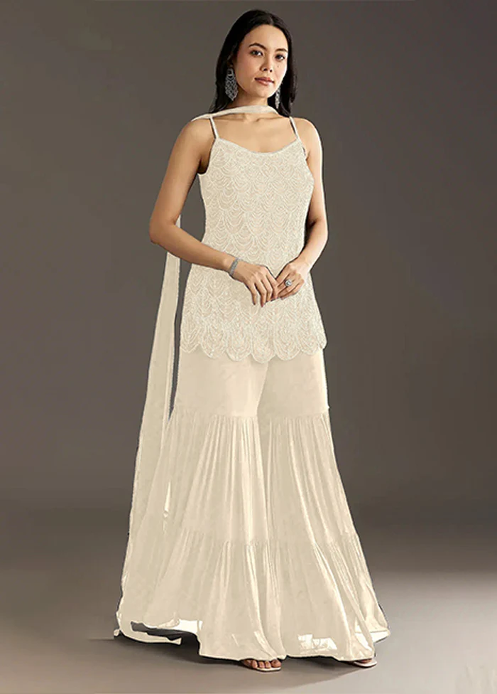 3 Pc Cream Georgette Plazzo Suits Set