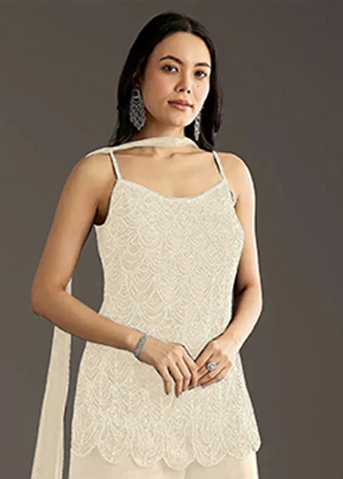 3 Pc Cream Georgette Plazzo Suits Set - Image 2