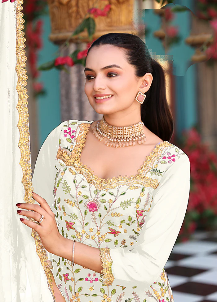 3 Pc Cream Georgette Plazzo Suit Set - Image 2