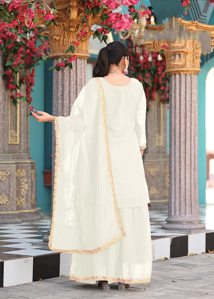 3 Pc Cream Georgette Plazzo Suit Set - Image 3