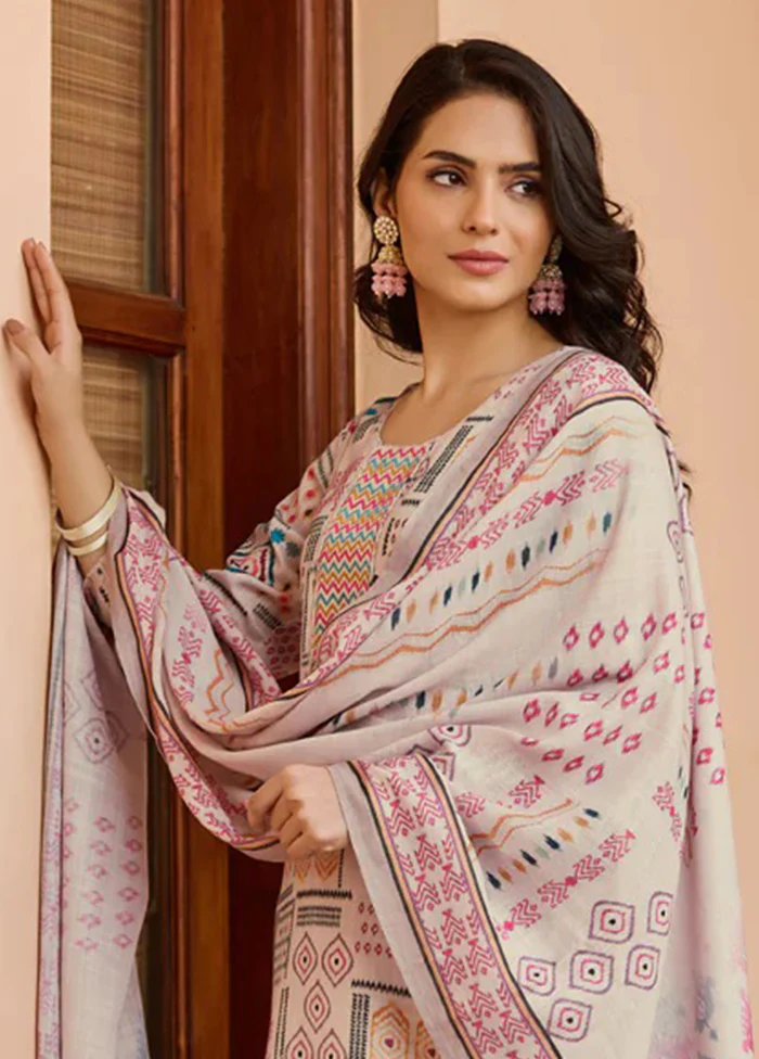3 Pc Cream Readymade Cotton Dupatta Suit Set - Image 2