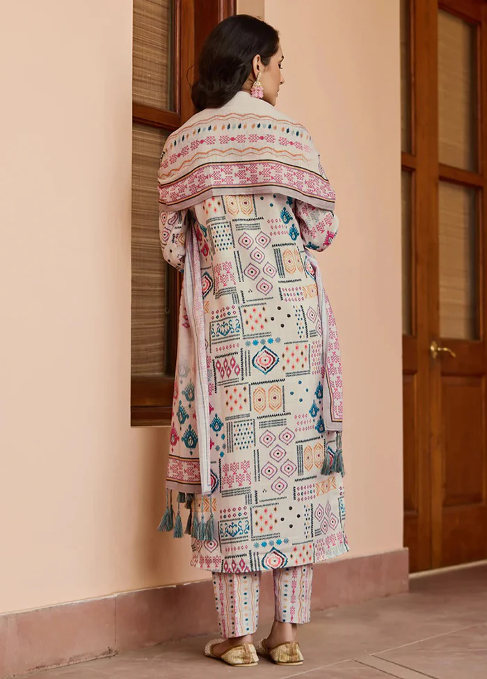 3 Pc Cream Readymade Cotton Dupatta Suit Set - Image 3