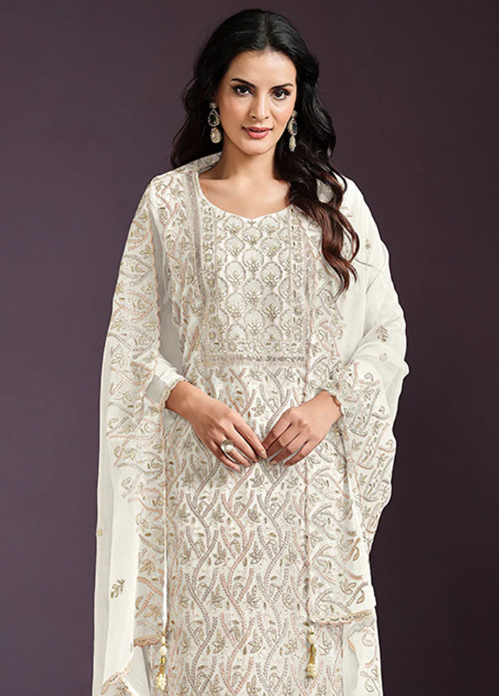 3 Pc Cream Semi Stitched Silk Suit Set - Image 2