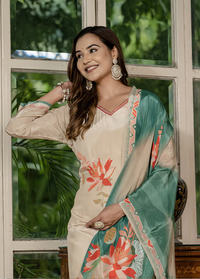 3 Pc Cream Silk Suit Set - Image 2