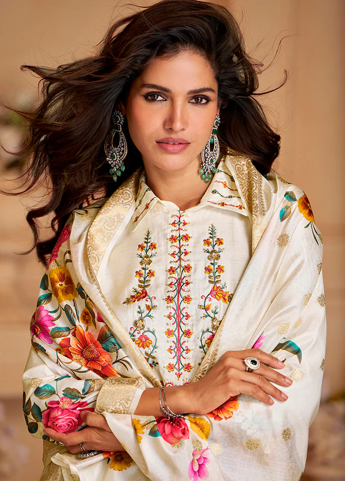 3 Pc Cream Silk Suit Set - Image 2