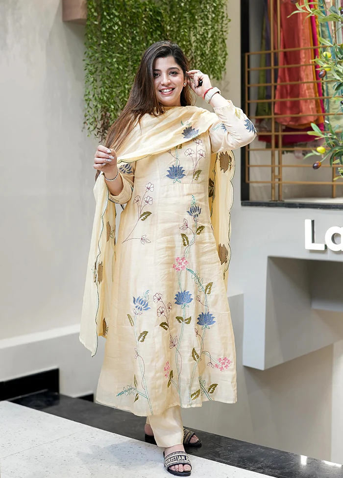 3 Pc Cream Silk Suit Set