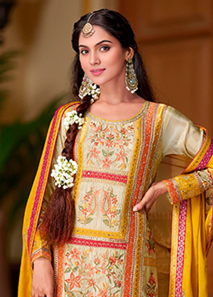 3 Pc Cream Silk Suit Set - Image 2