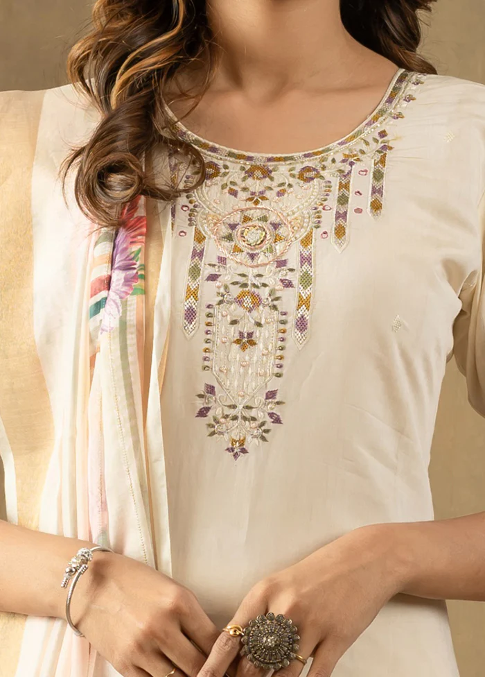 3 Pc Cream Silk Suit Set - Image 2